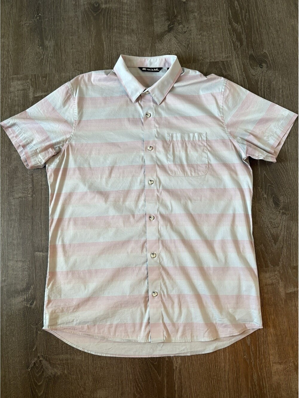 Travis Mathew Shirt Mens Large Blue Pink Performance Short Sleeve Button Up